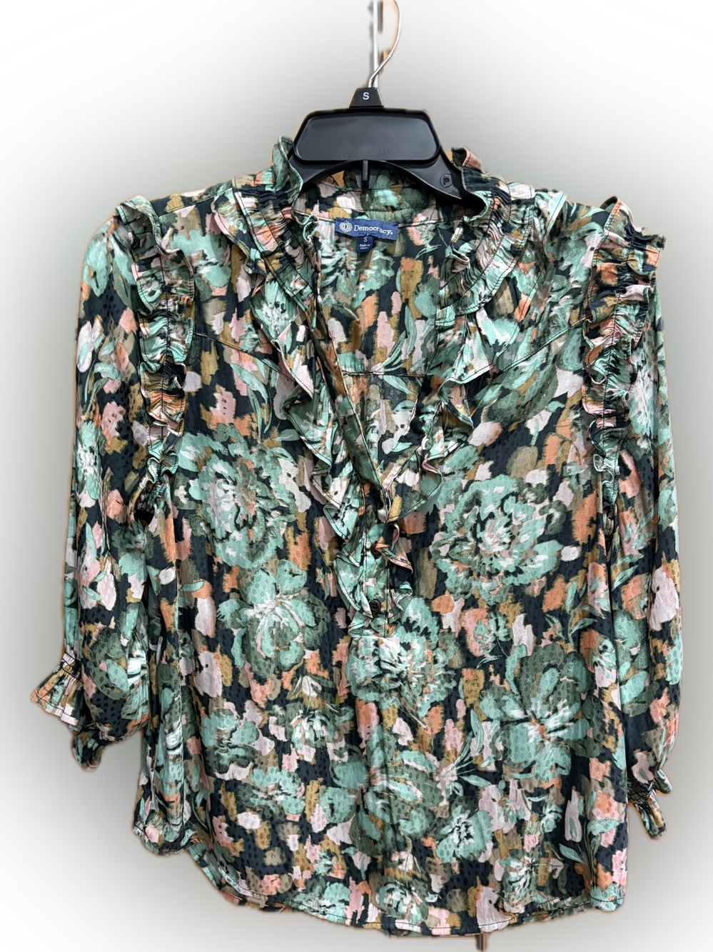 Democracy Floral Ruffle V-Neck Blouse S - Picture 4 of 14